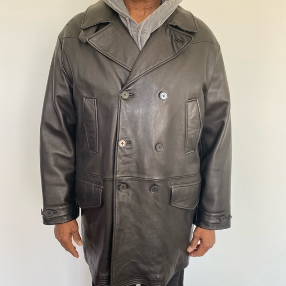 Turnbury Men’s XL Black Lambskin Leather Double Breasted Coat Jacket